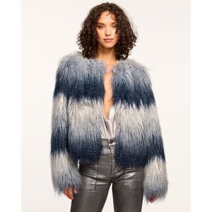NWT Ramy Brook Womens Striped Samuel Faux Fur Coat Navy Ombre Gray Size XXS